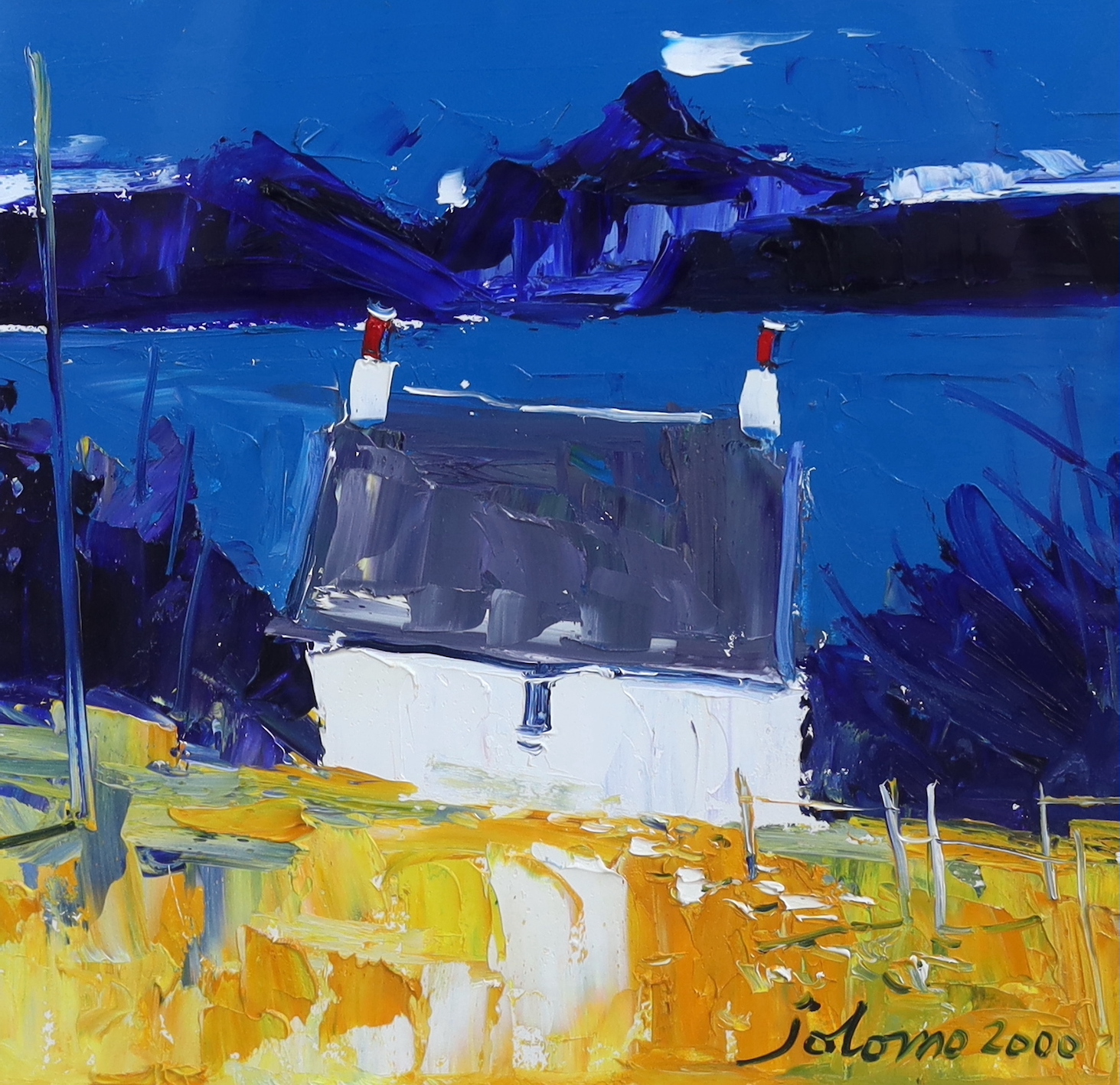 John Lowrie Morrison, [Jolomo] O.B.E (Scottish 1948-), 'Lakeside cottage', oil on board, 40 x 40cm